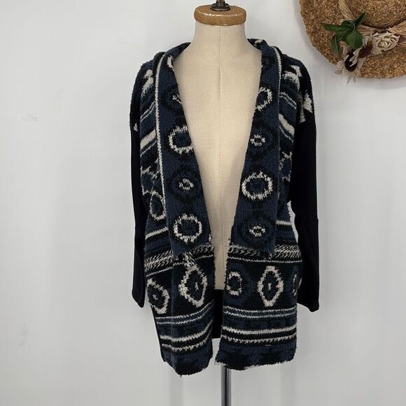 Anthropologie Dolan blue and black southwestern knit open front Aztec cardigan j - Picture 2 of 14